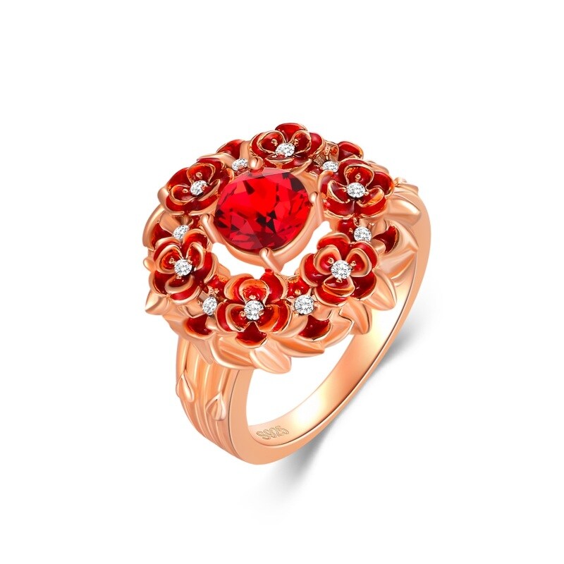 Sterling Silver with Rose Gold Plated Round Shaped Crystal Rose Ring-6