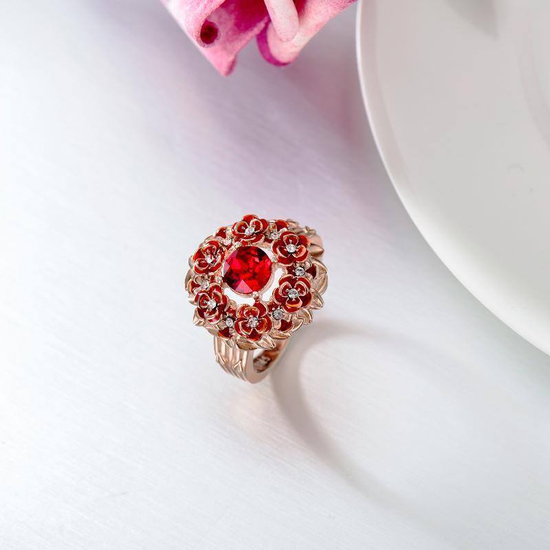 Sterling Zilver met Roségoud Vergulde Ronde Kristallen Roos Ring-3