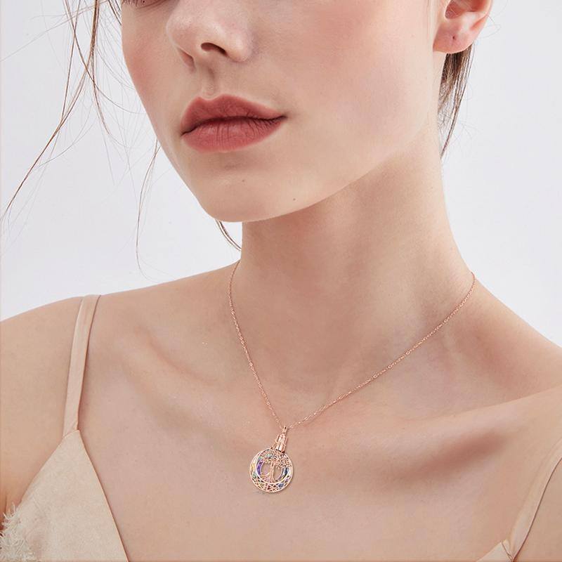 Sterling Silver with Rose Gold Plated Circular Shaped Crystal Tree Of Life & Celtic Knot Urn Necklace for Ashes-2
