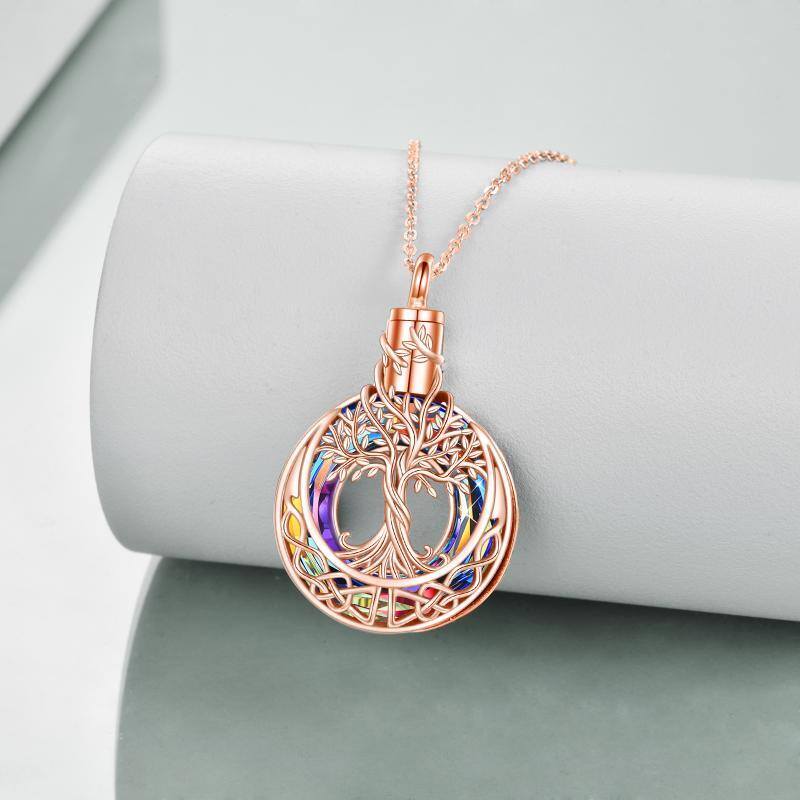 Sterling Silver with Rose Gold Plated Circular Shaped Crystal Tree Of Life & Celtic Knot Urn Necklace for Ashes-3