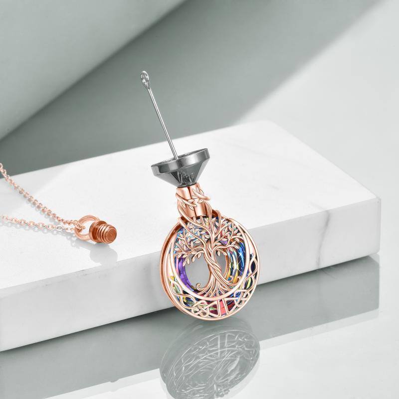 Sterling Silver with Rose Gold Plated Circular Shaped Crystal Tree Of Life & Celtic Knot Urn Necklace for Ashes-4