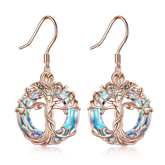 Sterling Silver with Rose Gold Plated Circular Shaped Crystal Tree Of Life Drop Earrings