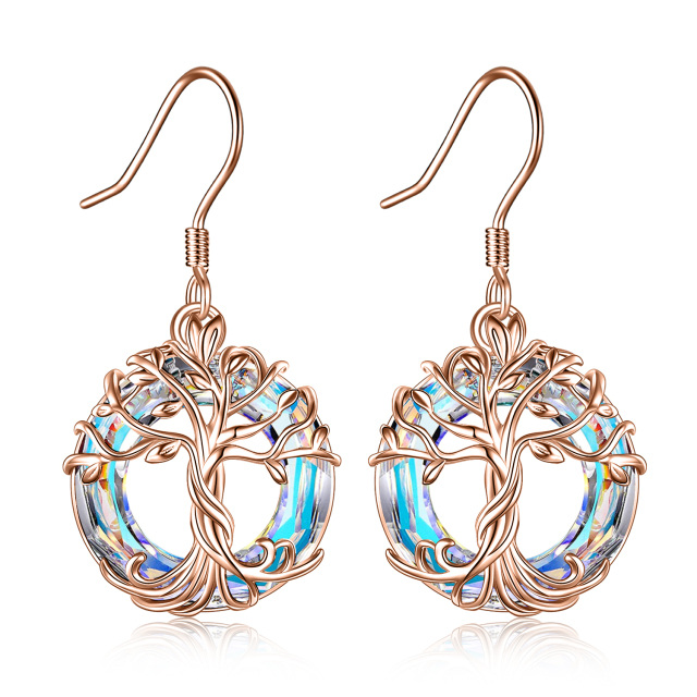 Sterling Silver with Rose Gold Plated Circular Shaped Crystal Tree Of Life Drop Earrings-1