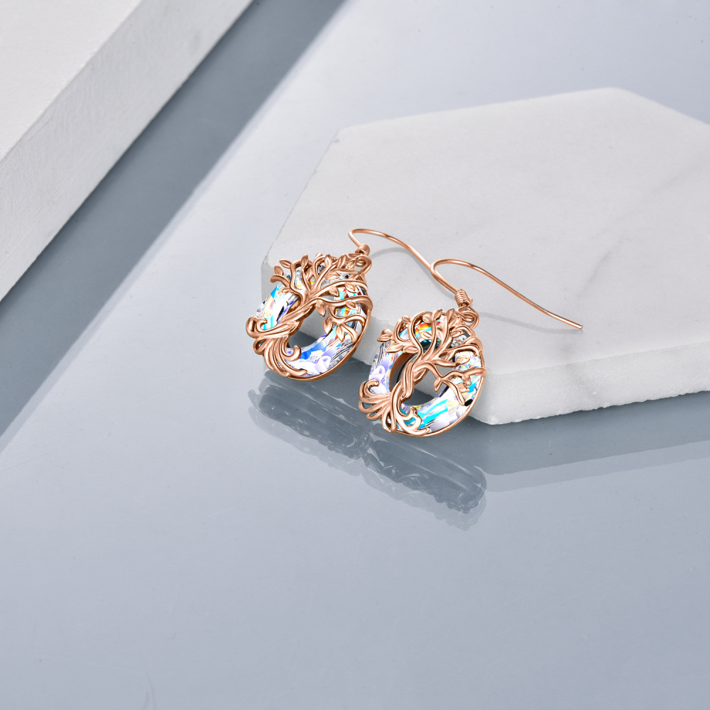 Sterling Silver with Rose Gold Plated Circular Shaped Crystal Tree Of Life Drop Earrings-4