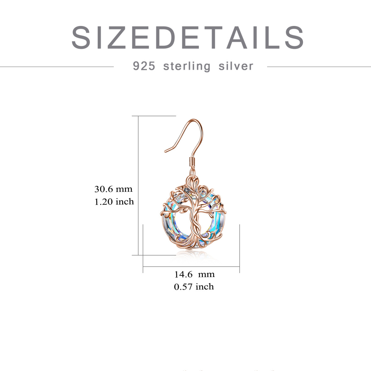 Sterling Silver with Rose Gold Plated Circular Shaped Crystal Tree Of Life Drop Earrings-5