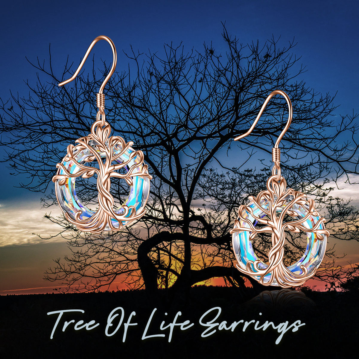 Sterling Silver with Rose Gold Plated Circular Shaped Crystal Tree Of Life Drop Earrings-6