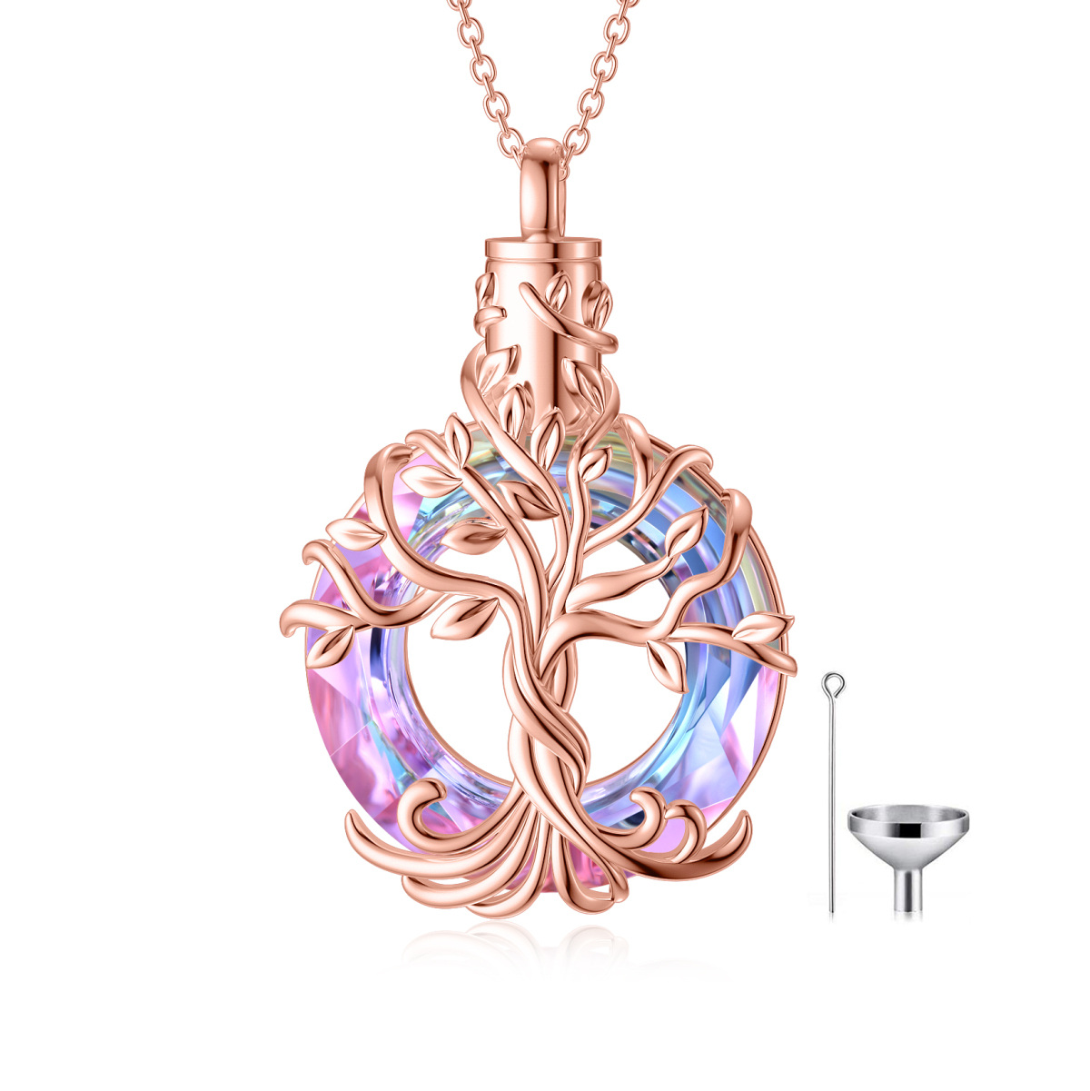 Collar Árbol de la Vida de plata de ley con baño de oro rosa y forma circular de cristal-1