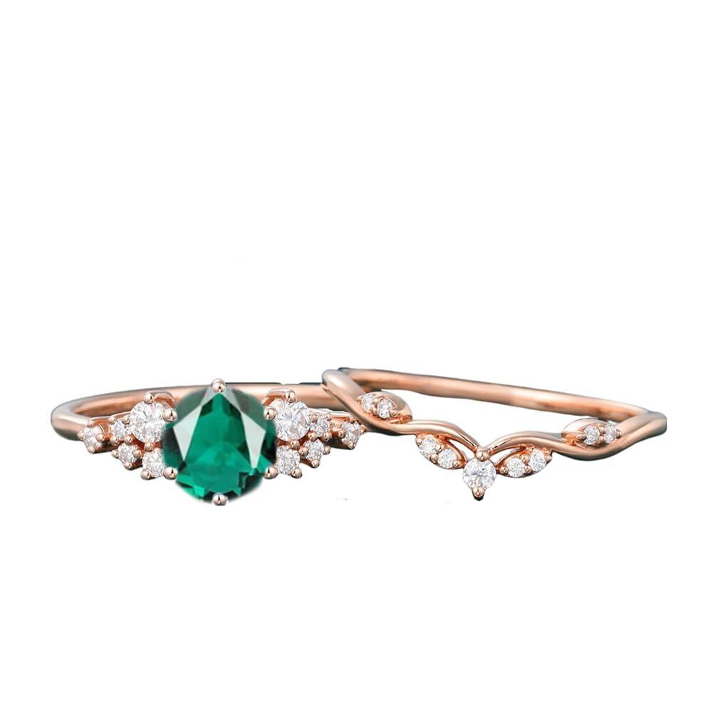 Sterling Silver with Rose Gold Plated Circular Shaped Emerald Personalized Engraving Ring-1