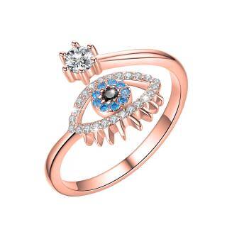 Sterling Silver with Rose Gold Plated Circular Shaped Cubic Zirconia Evil Eye Open Ring-29