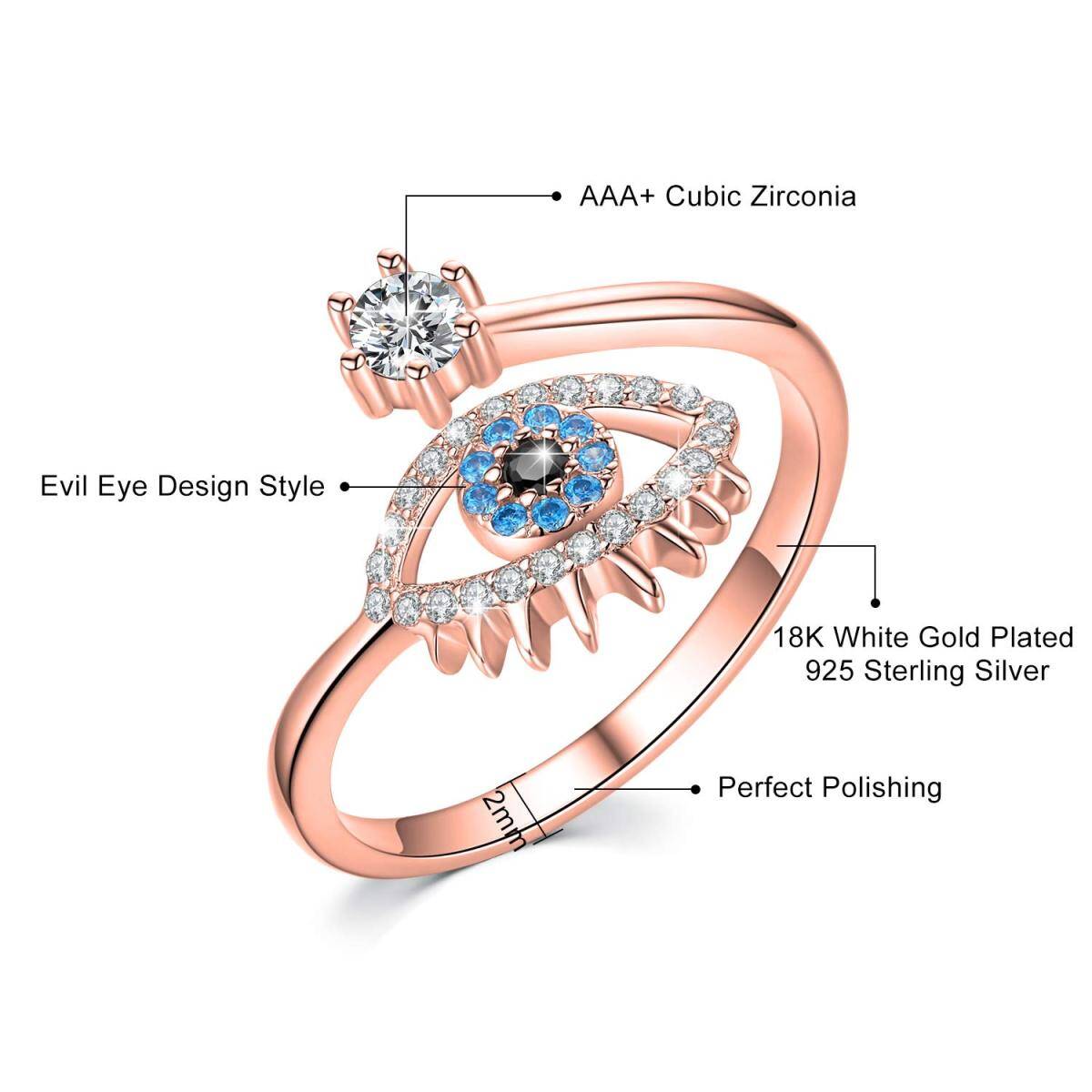 Sterling Silver with Rose Gold Plated Circular Shaped Cubic Zirconia Evil Eye Open Ring-2