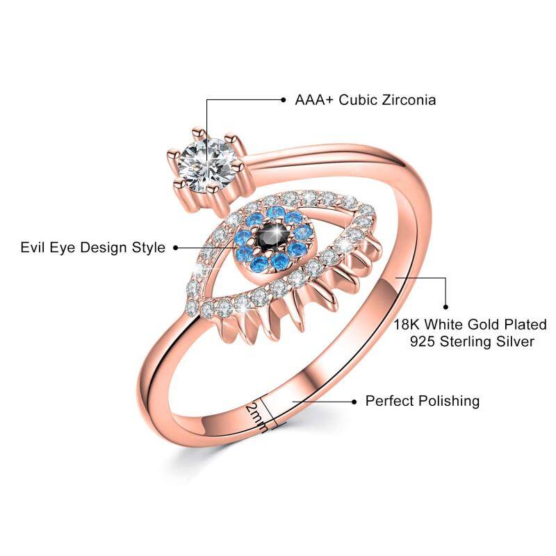 Sterling Silver with Rose Gold Plated Round Shaped Cubic Zirconia Evil Eye Open Ring-2