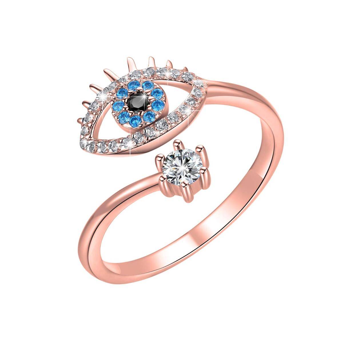 Anillo de plata de ley con circonita cúbica chapada en oro rosa Evil Eye Open Ring-1