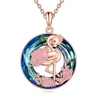 Sterling Silver with Rose Gold Plated Circular Shaped Flamingo Crystal Pendant Necklace-1