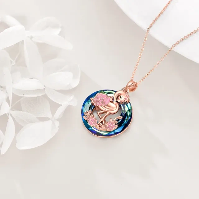 Sterling Silver with Rose Gold Plated Circular Shaped Flamingo Crystal Pendant Necklace-3