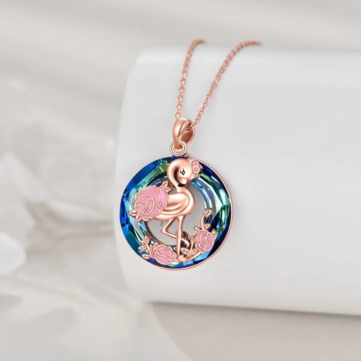 Sterling Silver with Rose Gold Plated Circular Shaped Flamingo Crystal Pendant Necklace-4