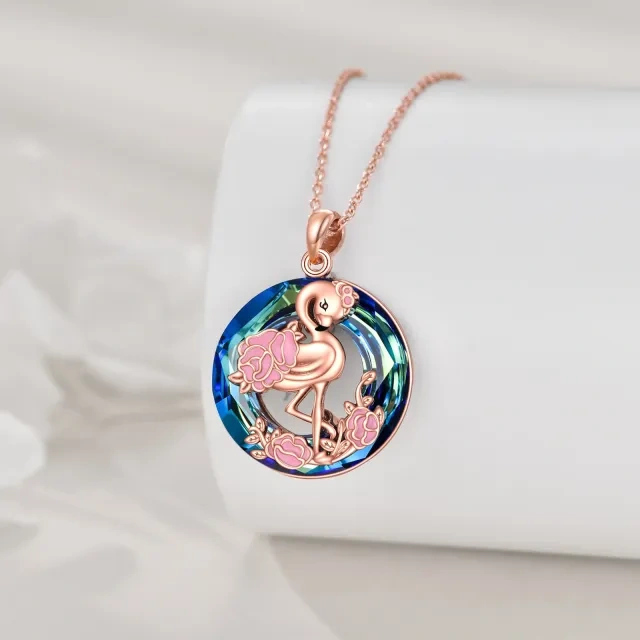 Sterling Silver with Rose Gold Plated Circular Shaped Flamingo Crystal Pendant Necklace-4