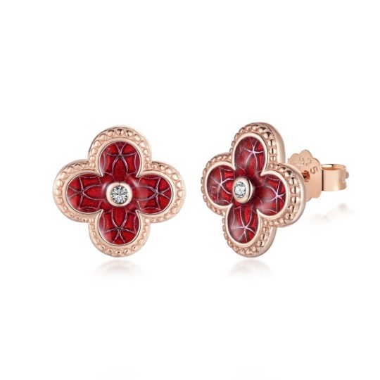 Brincos de prata esterlina com zircônia cúbica em formato circular banhado a ouro rosa com trevo de quatro folhas