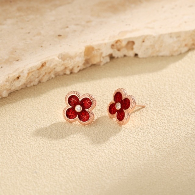 Sterling Silver with Rose Gold Plated Cubic Zirconia Four Leaf Clover Stud Earrings-7