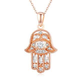 Sterling Silver with Rose Gold Plated Circular Shaped Cubic Zirconia Hamsa Hand Pendant Necklace-5