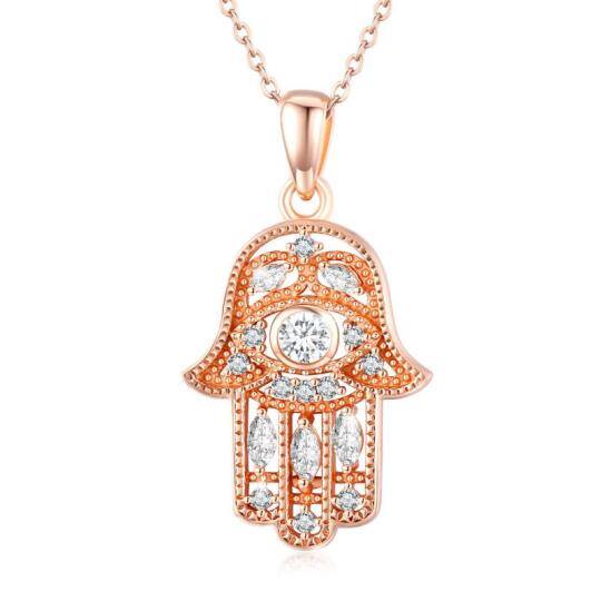 Sterling Silver with Rose Gold Plated Circular Shaped Cubic Zirconia Hamsa Hand Pendant Necklace