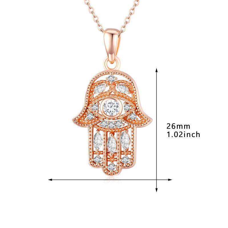 Sterling Silver with Rose Gold Plated Circular Shaped Cubic Zirconia Hamsa Hand Pendant Necklace-4