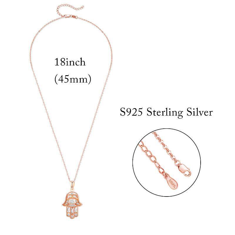 Sterling Silver with Rose Gold Plated Circular Shaped Cubic Zirconia Hamsa Hand Pendant Necklace-5