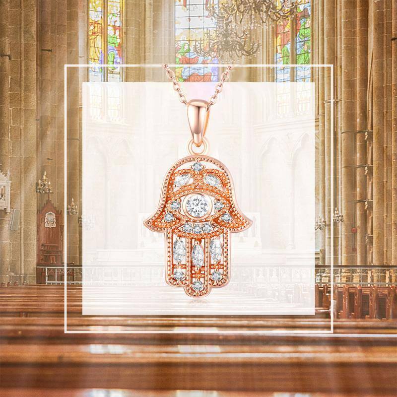 Sterling Silver with Rose Gold Plated Circular Shaped Cubic Zirconia Hamsa Hand Pendant Necklace-6