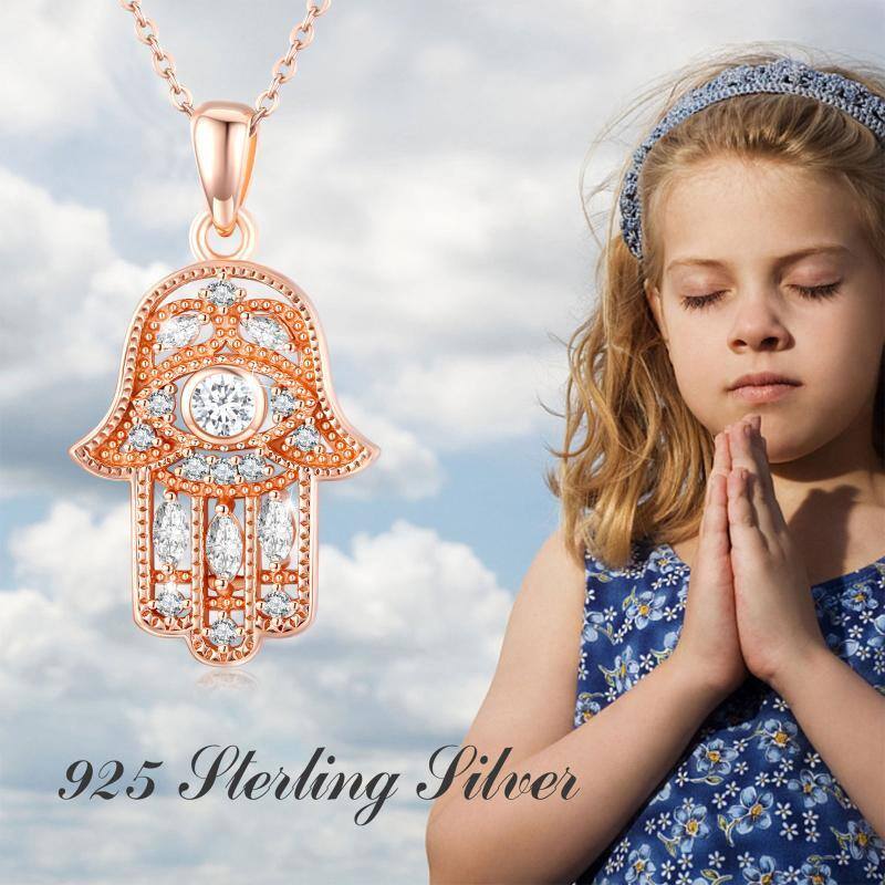 Collar Colgante Mano Hamsa de Plata de Ley con baño de Oro Rosa y Circonitas Cúbicas Circu-7