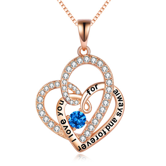 Sterling Silver With Rose Gold Plated Circular Cubic Zirconia Interlocking Hearts Pendant Necklace For Women