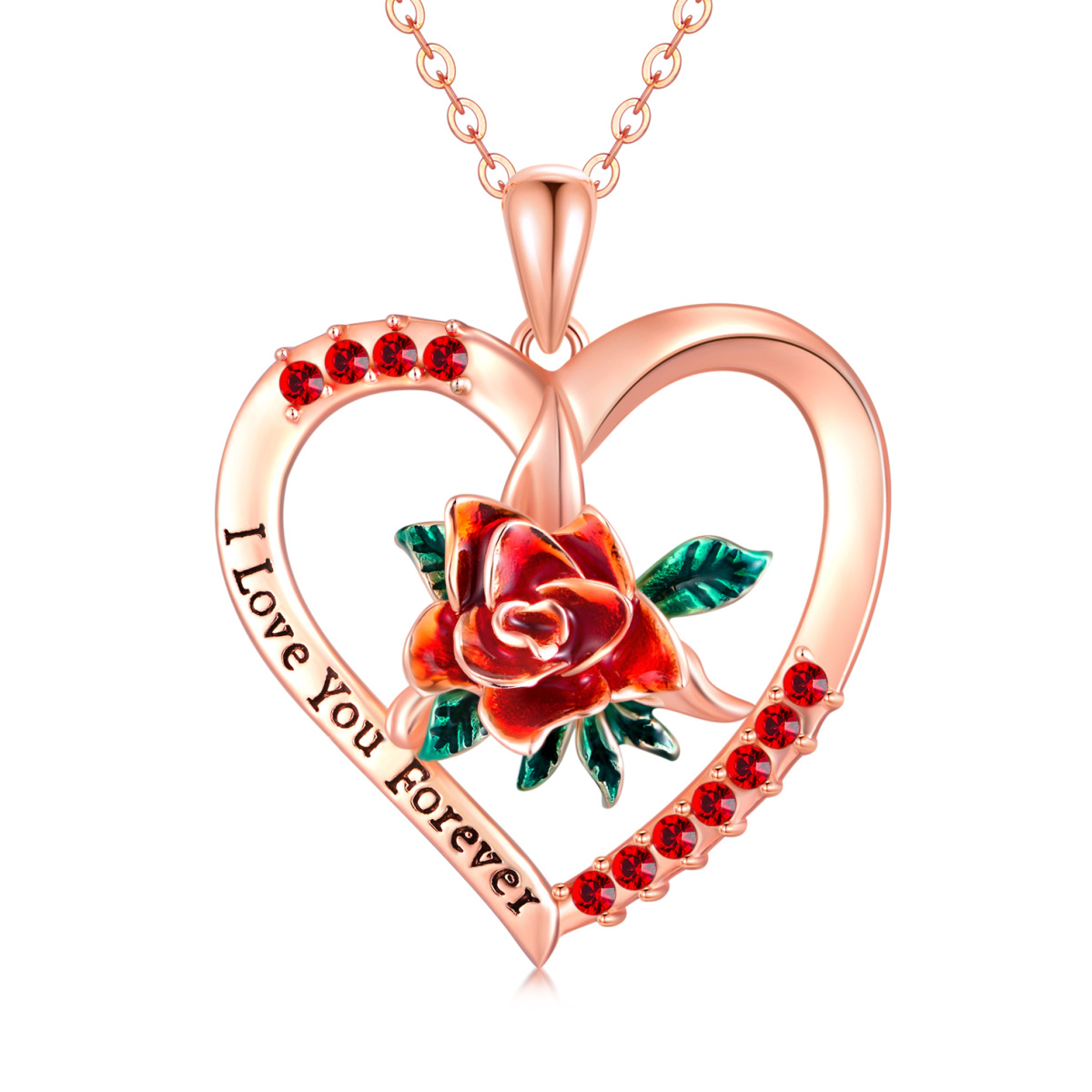 Sterling Silver with Rose Gold Plated Circular Shaped Cubic Zirconia Rose & Heart Pendant Necklace-1