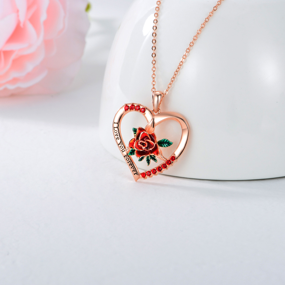 Sterling Silver with Rose Gold Plated Circular Shaped Cubic Zirconia Rose & Heart Pendant Necklace-3