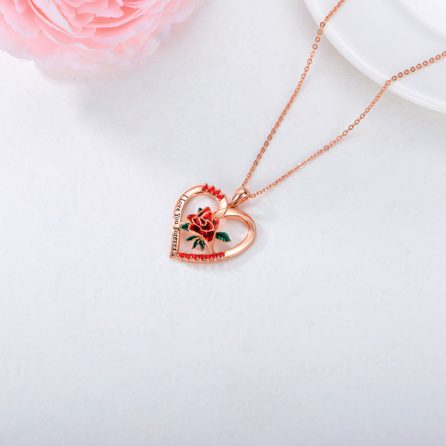 Sterling Silver with Rose Gold Plated Circular Shaped Cubic Zirconia Rose & Heart Pendant Necklace-4