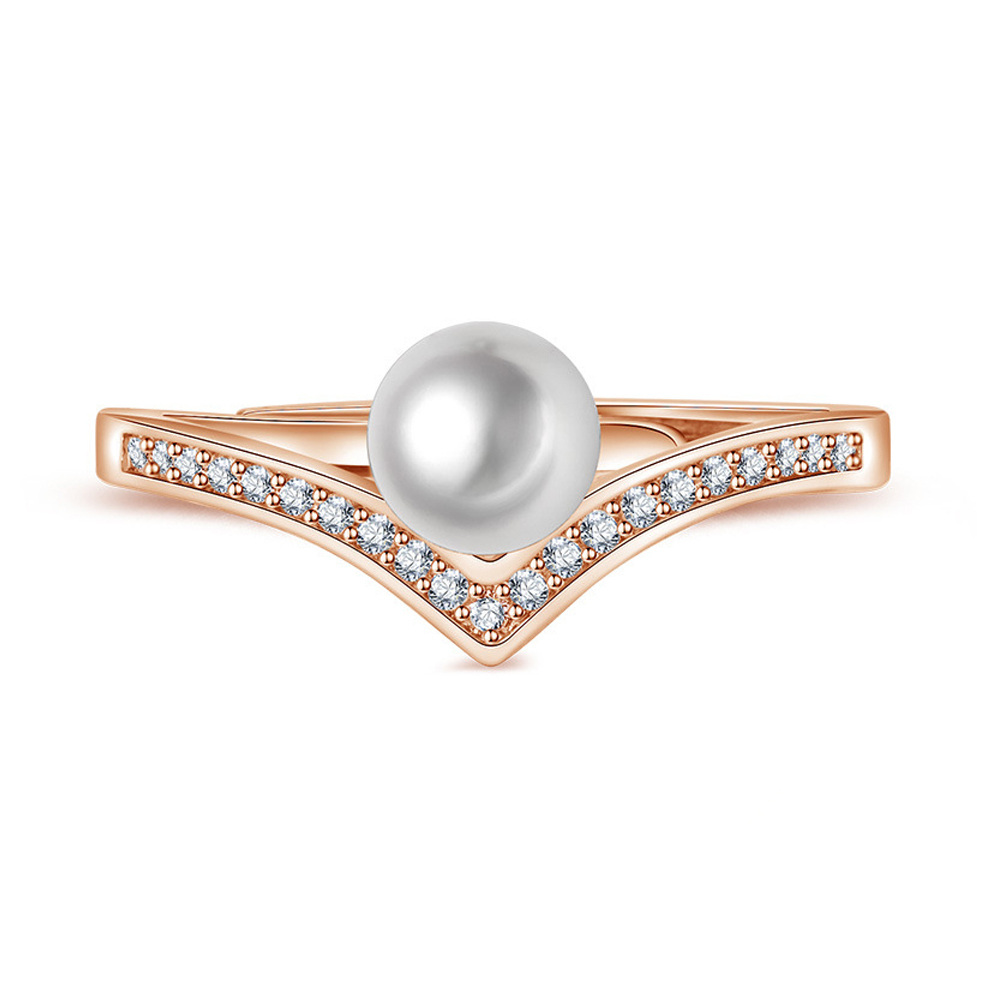 Sterling Silver with Rose Gold Plated Circular Shaped Lab Created Diamond & Pearl Bead Ring-1