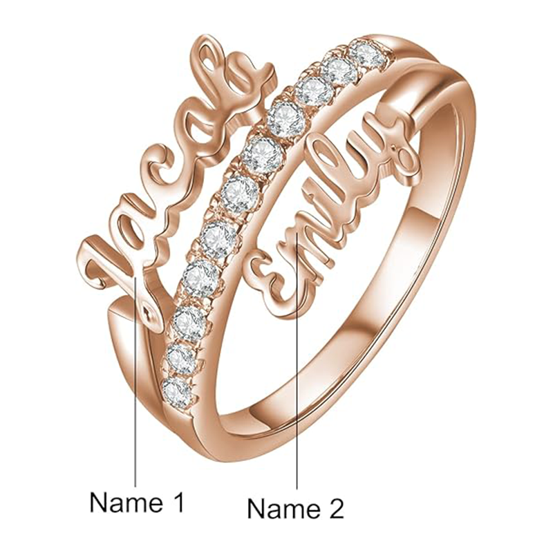 Sterling Silver with Rose Gold Plated Circular Shaped Lab Created Diamond Personalized Classic Name Ring-3