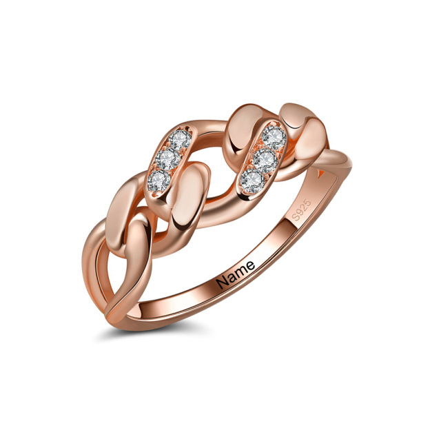 Sterling Silver with Rose Gold Plated Circular Shaped Lab Created Diamond Personalized Engraving Ring-1