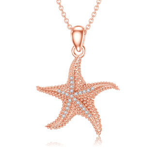 Sterling Silver with Rose Gold Plated Circular Shaped Lab Created Diamond Starfish Pendant Necklace-8