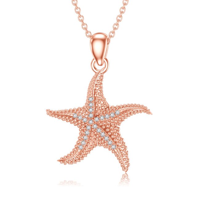 Sterling Silver with Rose Gold Plated Circular Shaped Lab Created Diamond Starfish Pendant Necklace