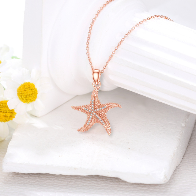 Sterling Silver with Rose Gold Plated Circular Shaped Lab Created Diamond Starfish Pendant Necklace-3