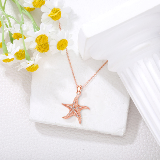 Sterling Silver with Rose Gold Plated Circular Shaped Lab Created Diamond Starfish Pendant Necklace-4