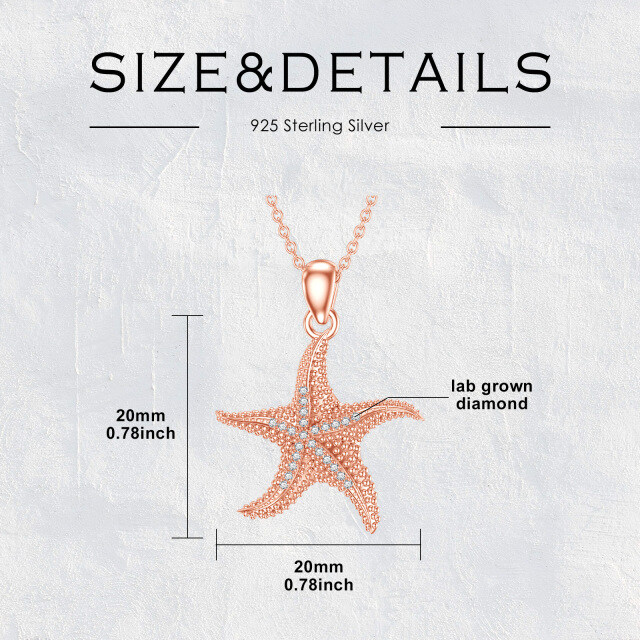 Sterling Silver with Rose Gold Plated Circular Shaped Lab Created Diamond Starfish Pendant Necklace-5