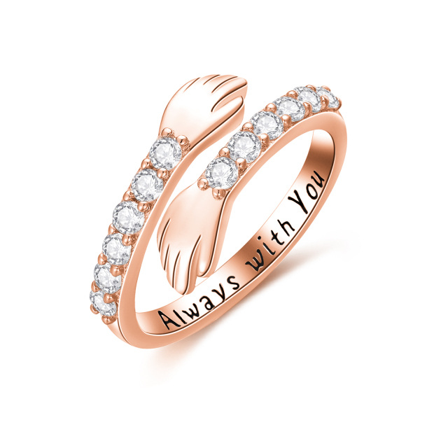 Sterling Silver with Rose Gold Plated Circular Shaped Cubic Zirconia Lover Couples Embrace Open Ring with Engraved Word-1