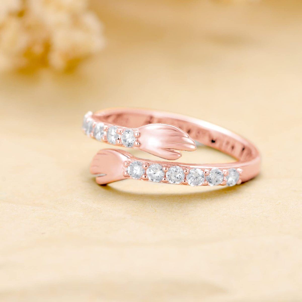 Sterling Silver with Rose Gold Plated Circular Shaped Cubic Zirconia Lover Couples Embrace Open Ring with Engraved Word-3