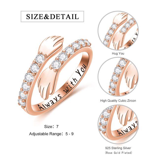 Sterling Silver with Rose Gold Plated Circular Shaped Cubic Zirconia Lover Couples Embrace Open Ring with Engraved Word-4