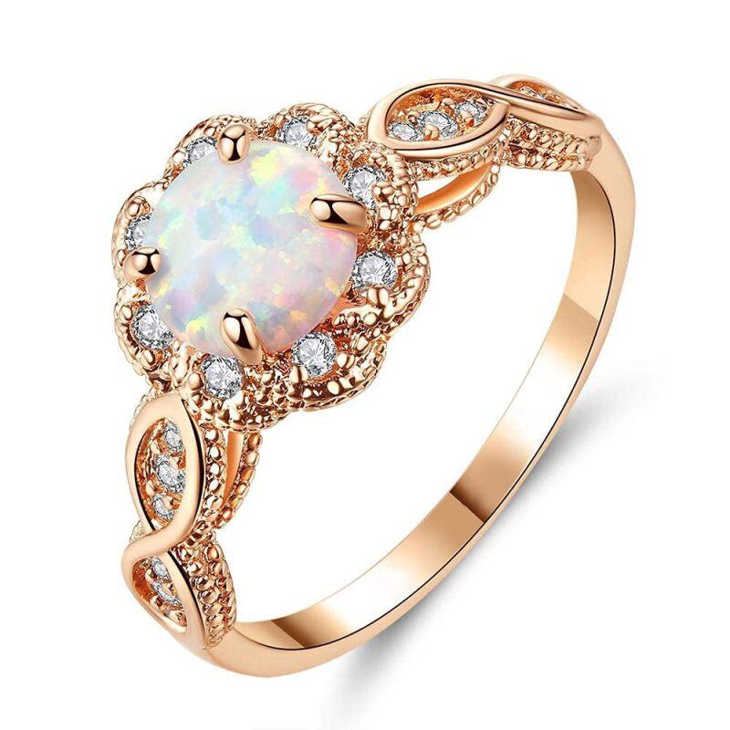 Sterling Silber mit Roségold plattiertem, kreisförmigem Moissanit-Opal-Paar-Ehering