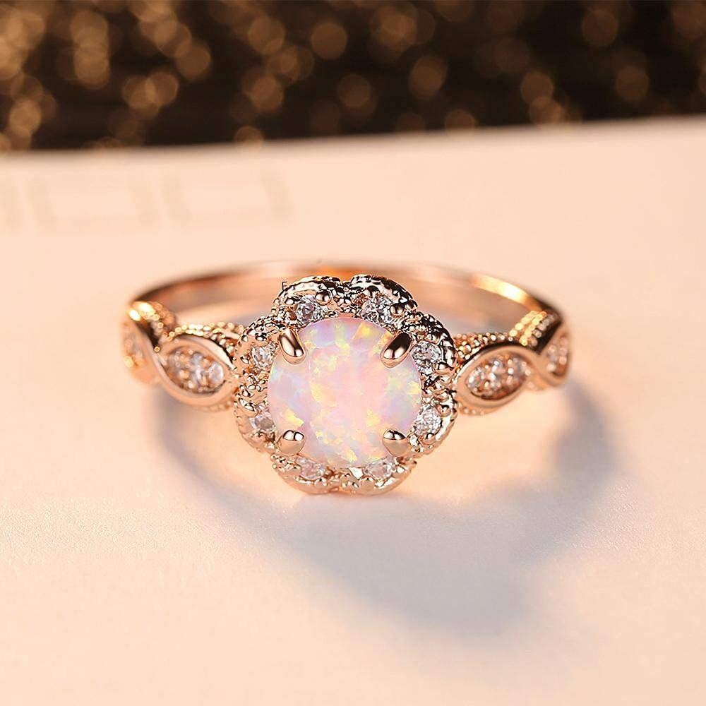 Sterling Silver with Rose Gold Plated Circular Shaped Moissanite & Opal Couple Wedding Ring-2