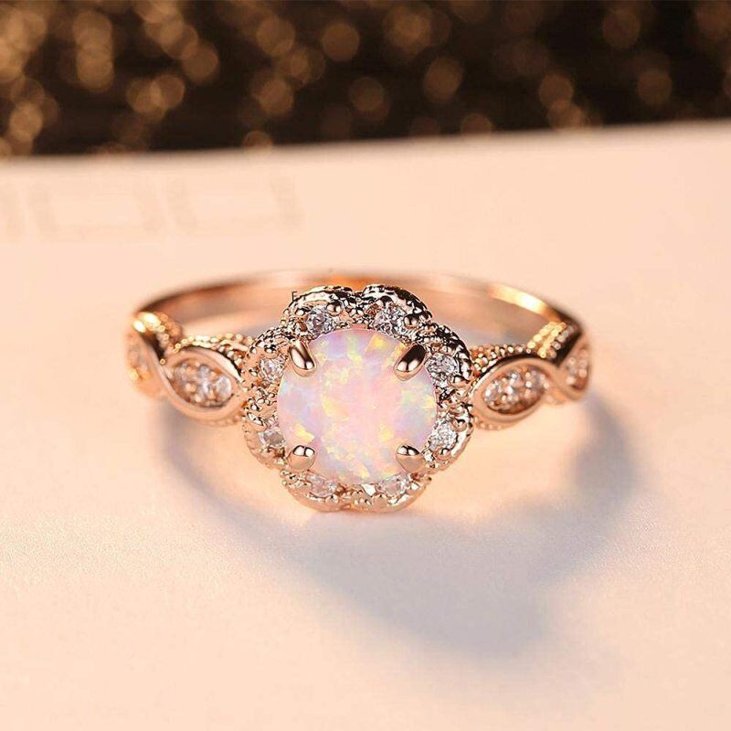 Sterling Silver with Rose Gold Plated Round Shaped Moissanite & Opal Couple Wedding Ring-2