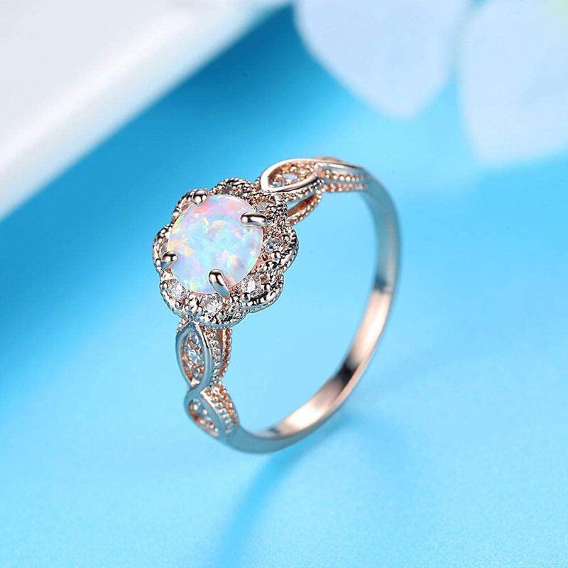Sterling Silver with Rose Gold Plated Round Shaped Moissanite & Opal Couple Wedding Ring-3