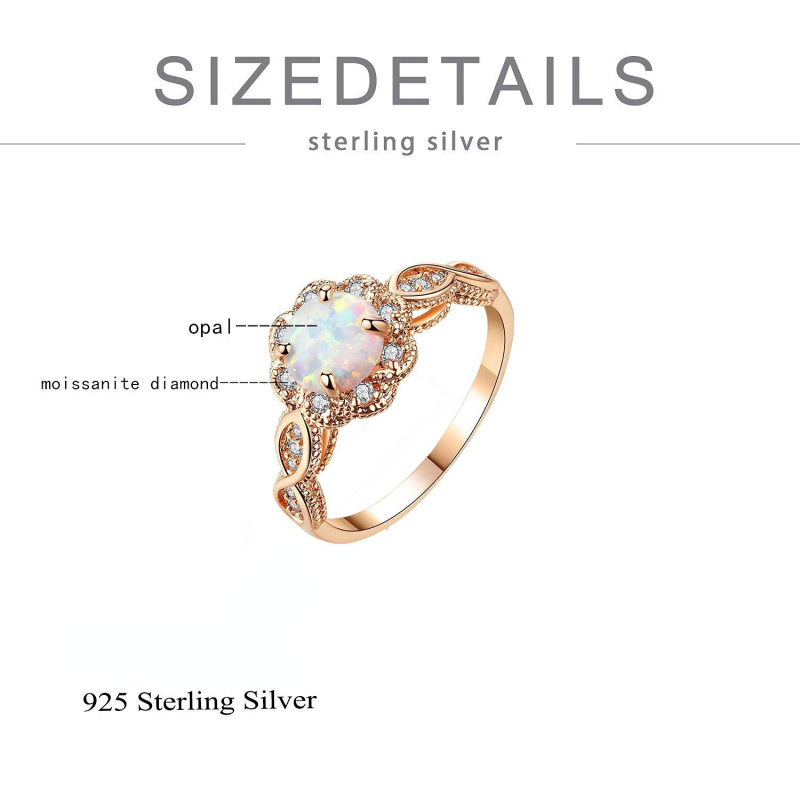 Sterling Silver with Rose Gold Plated Round Shaped Moissanite & Opal Couple Wedding Ring-4