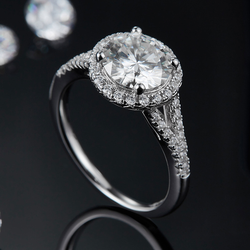 Sterling Silver with Rose Gold Plated Round Shaped Moissanite Personalized Engraving & Circle Engagement Ring-5