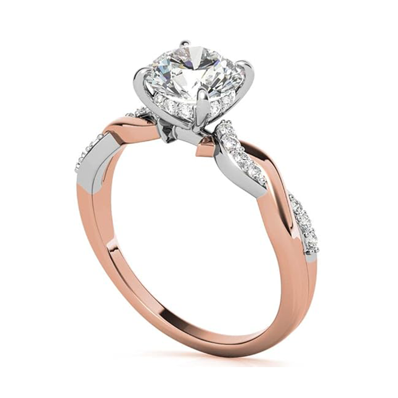 Sterling Silver with Rose Gold Plated Circular Shaped Moissanite Personalized Engraving Engagement Ring-3